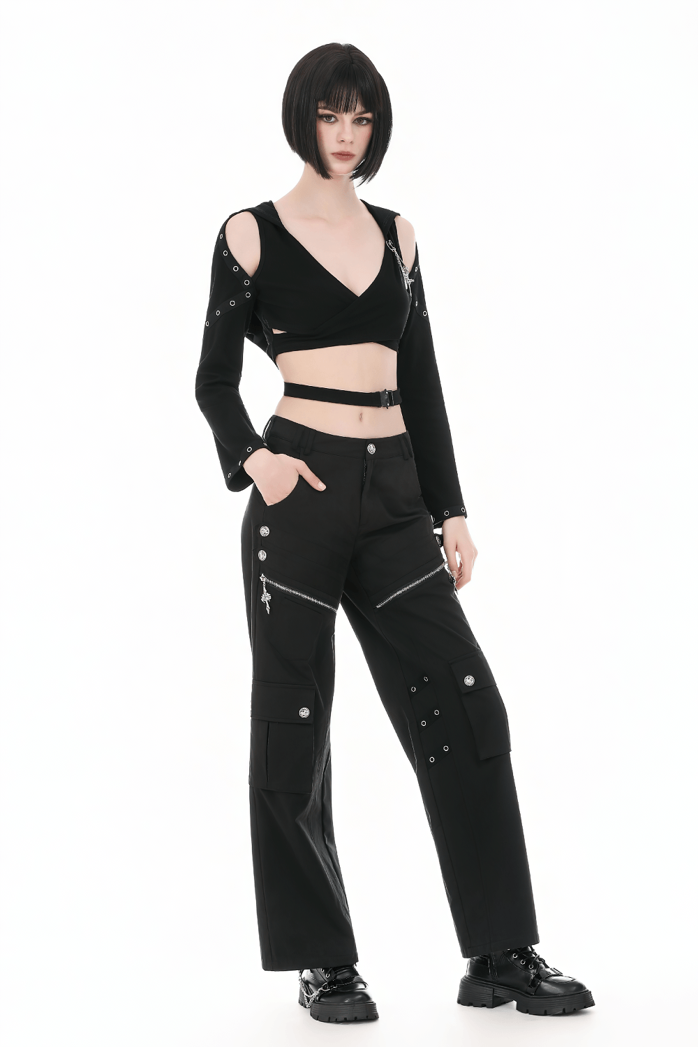 Female Gothic Hooded Crop Top with Chain and Buckle Detail