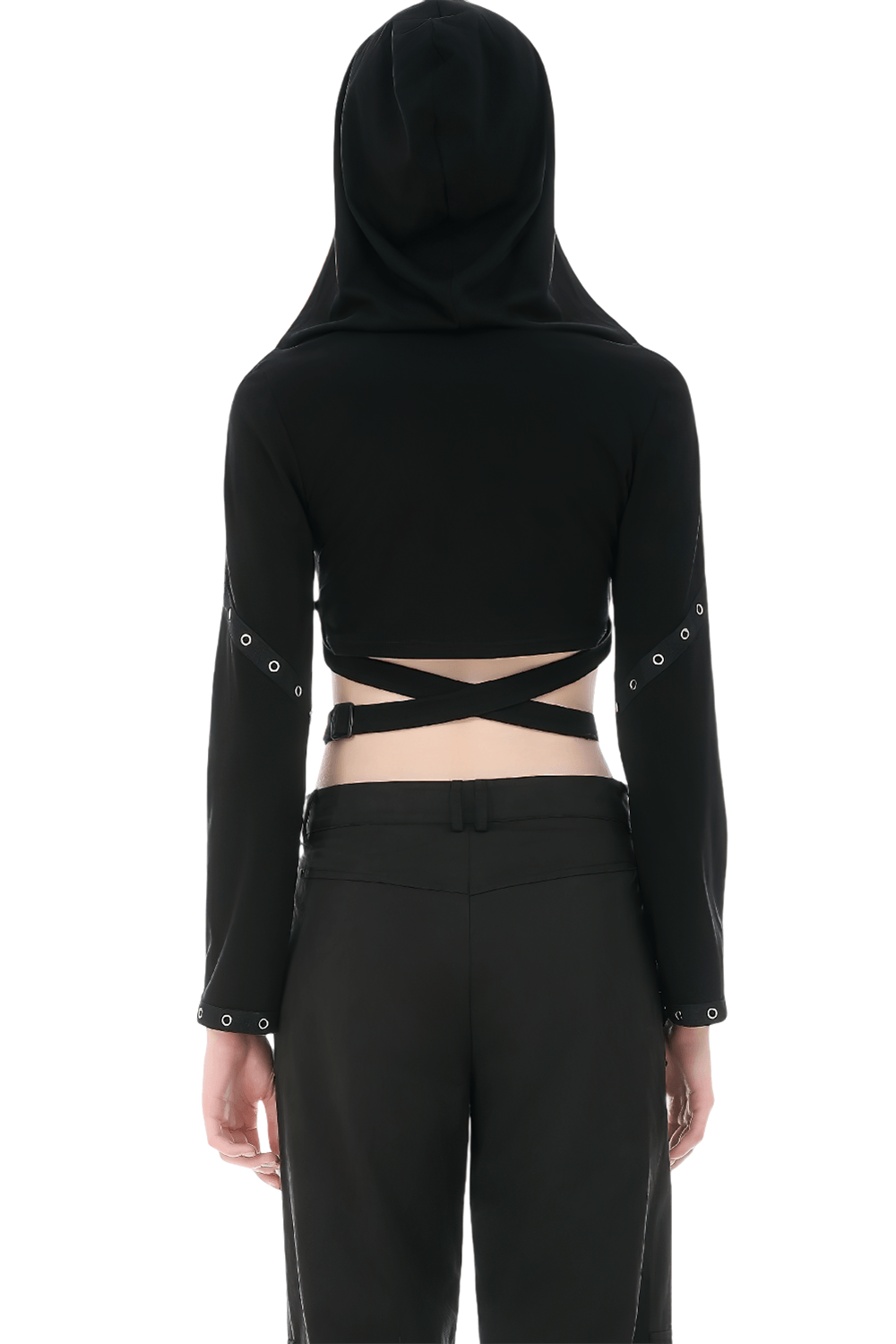 Female Gothic Hooded Crop Top with Chain and Buckle Detail