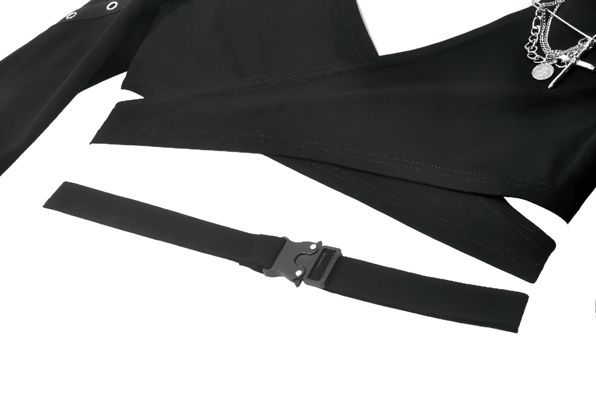 Female Gothic Hooded Crop Top with Chain and Buckle Detail