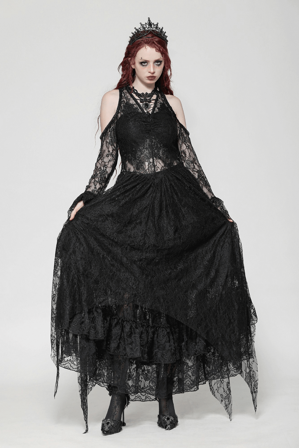 Female Gothic Lace Overlay Maxi Dress with Sleeves