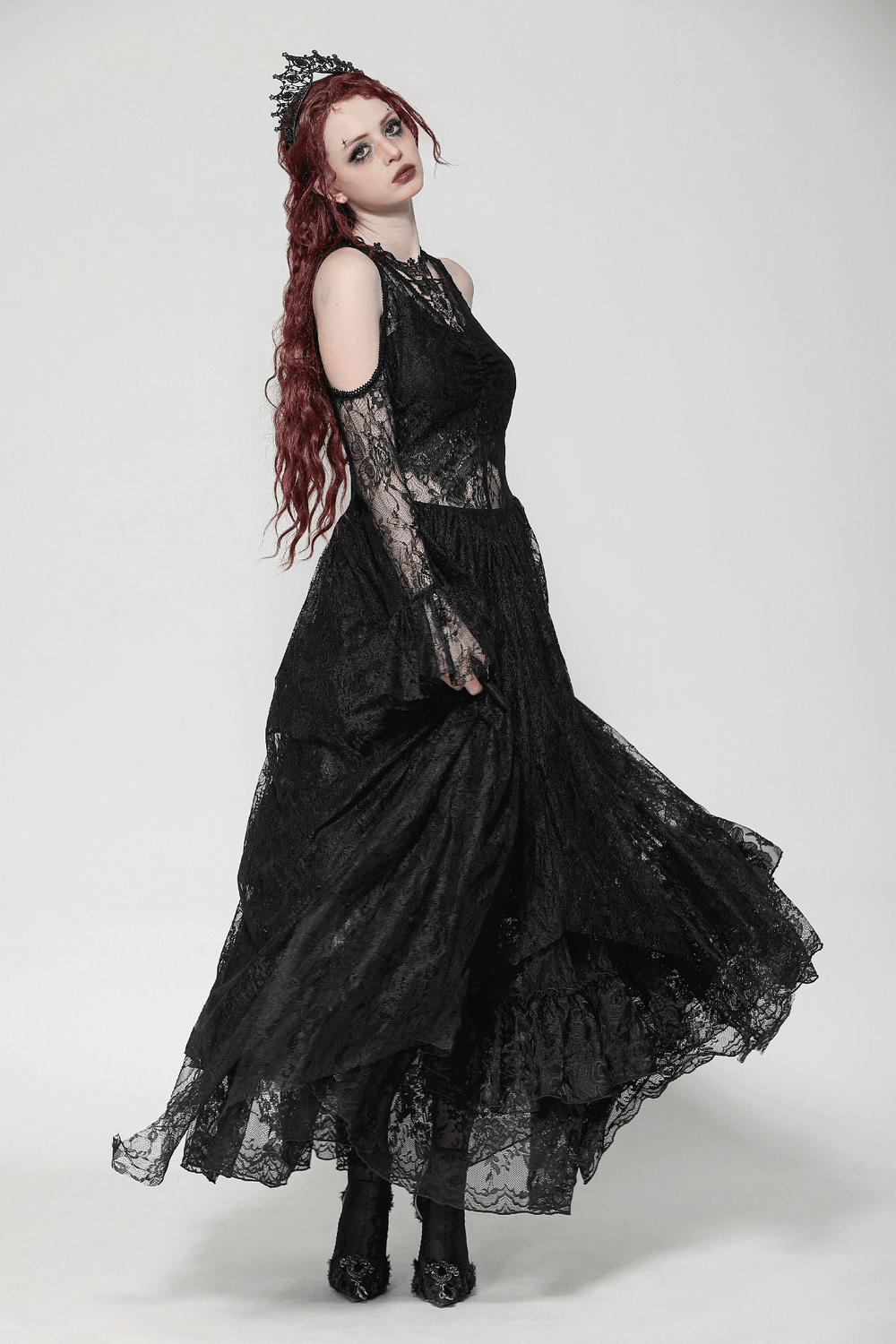 Female Gothic Lace Overlay Maxi Dress with Sleeves