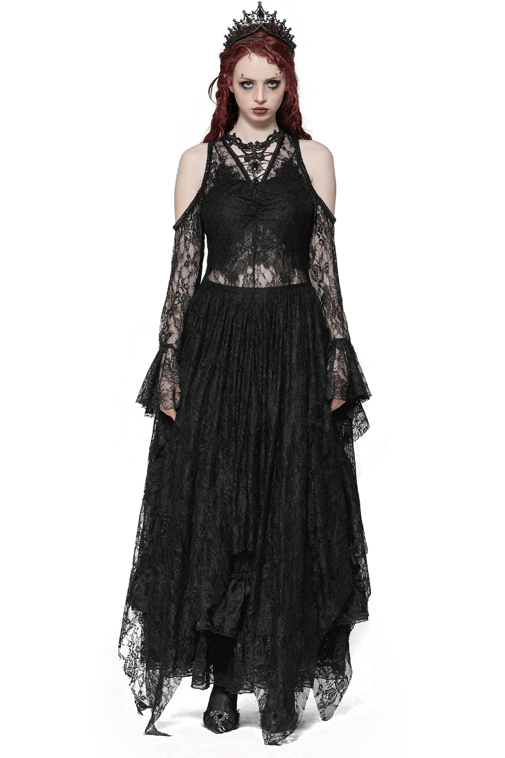 Female Gothic Lace Overlay Maxi Dress with Sleeves
