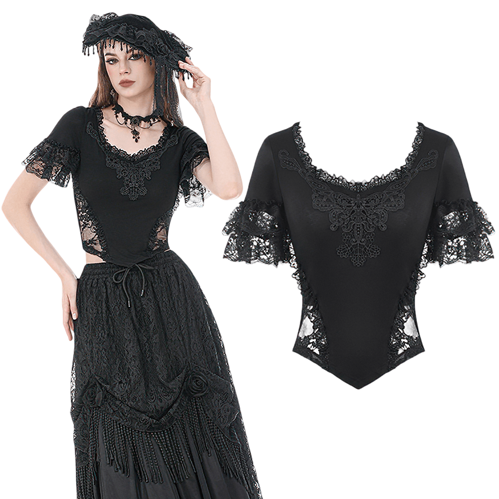 Female Gothic Lace Top with Layered Ruffle Sleeves