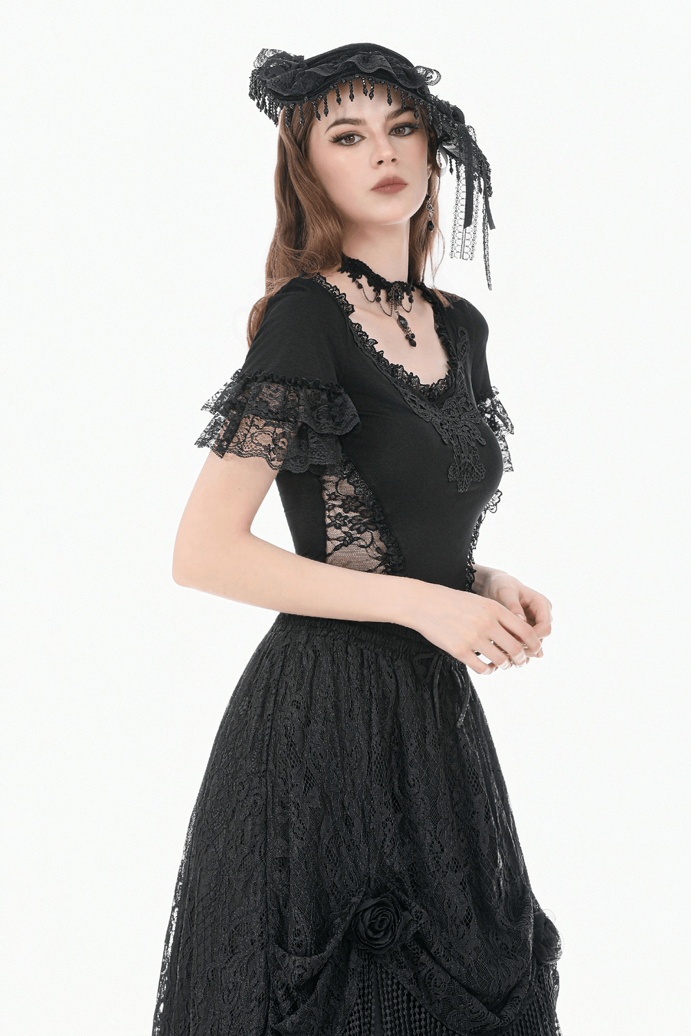Female Gothic Lace Top with Layered Ruffle Sleeves