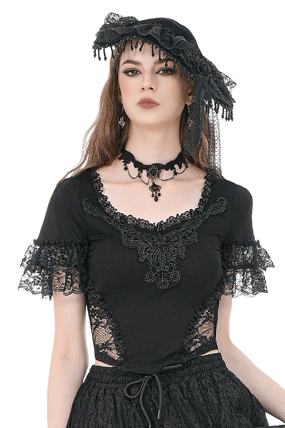 Female Gothic Lace Top with Layered Ruffle Sleeves