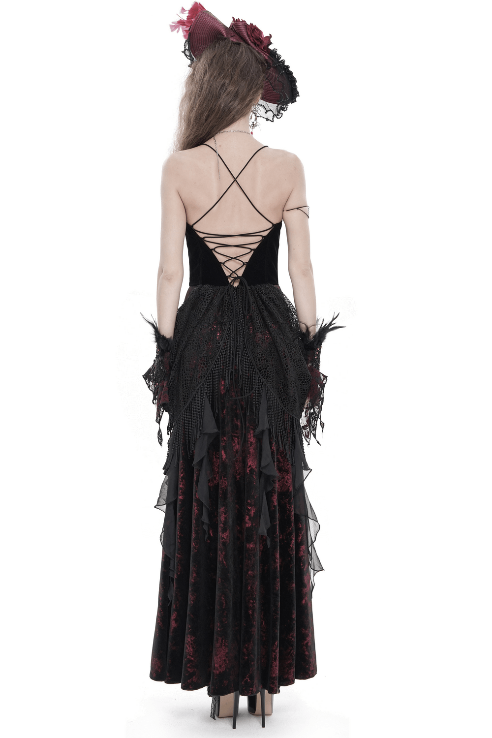 Female Gothic Lace-Up Dress with Ruffled Tulle Layers