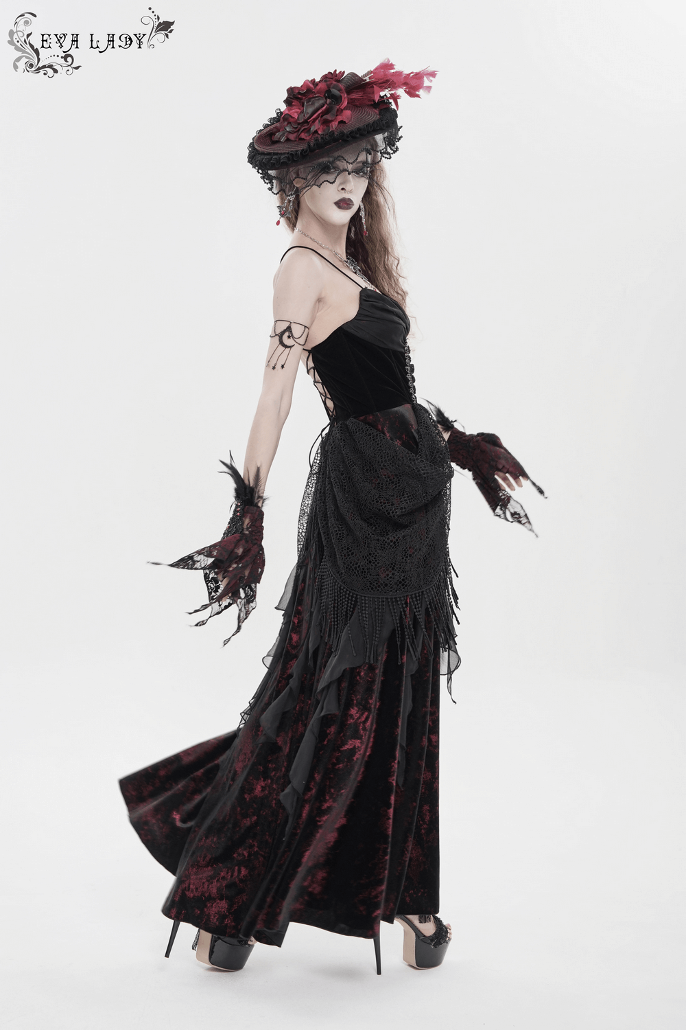 Female Gothic Lace-Up Dress with Ruffled Tulle Layers