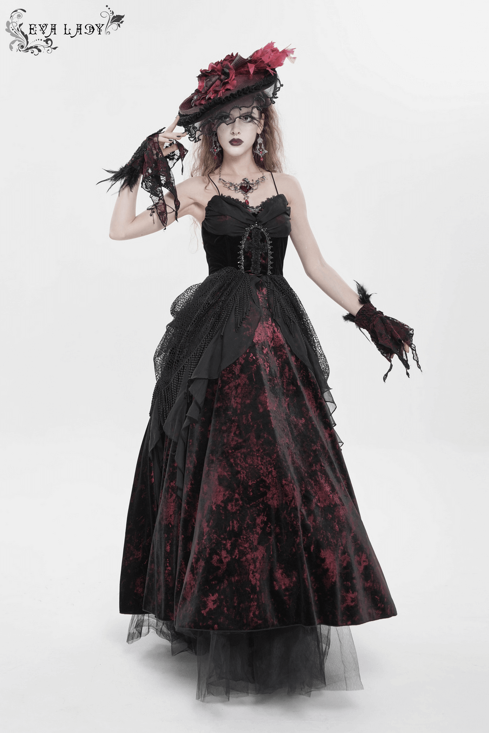 Female Gothic Lace-Up Dress with Ruffled Tulle Layers