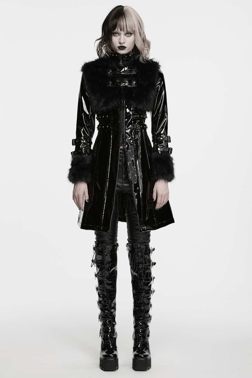 Female Gothic Patent Leather Coat with Faux Fur Trim