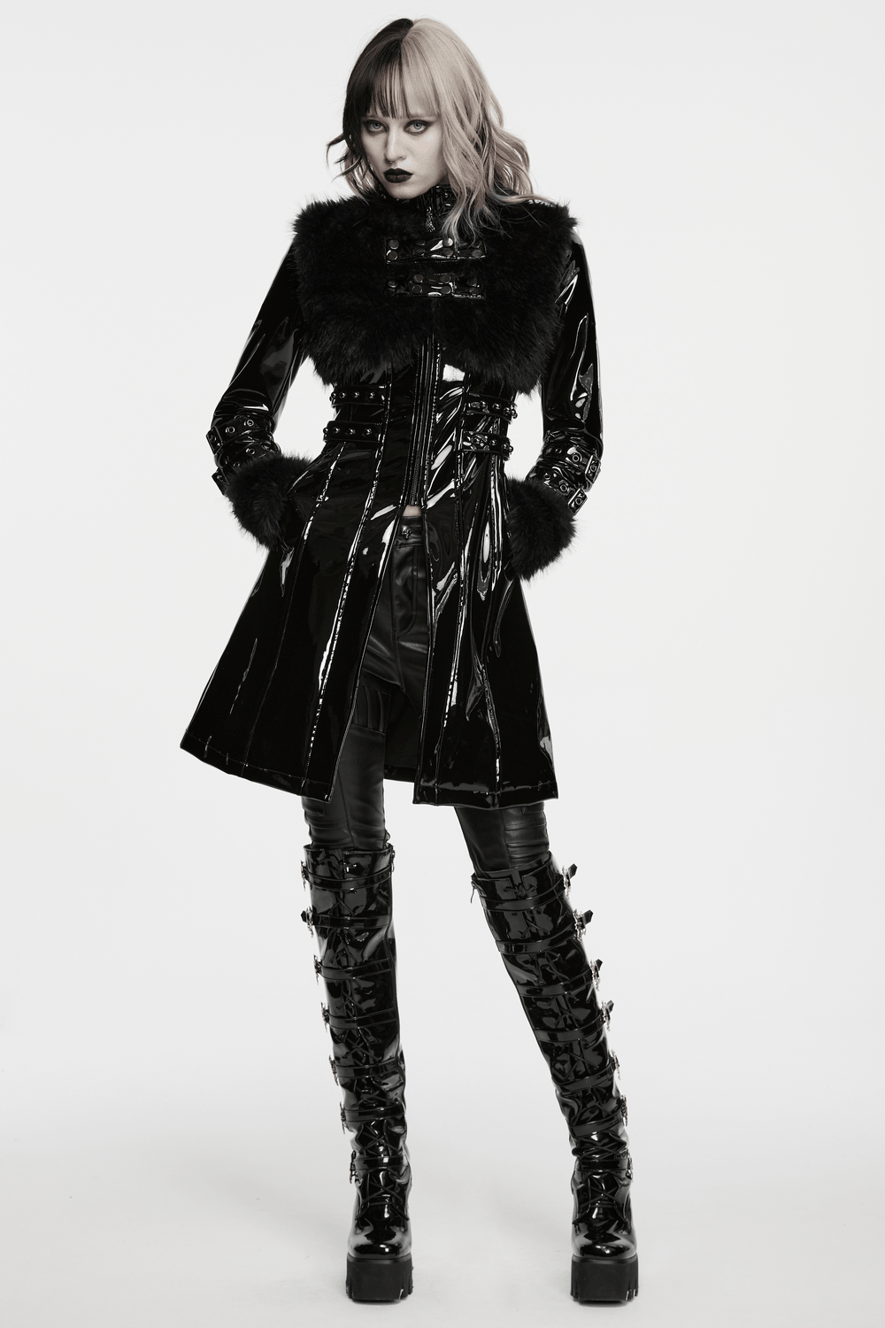 Female Gothic Patent Leather Coat with Faux Fur Trim