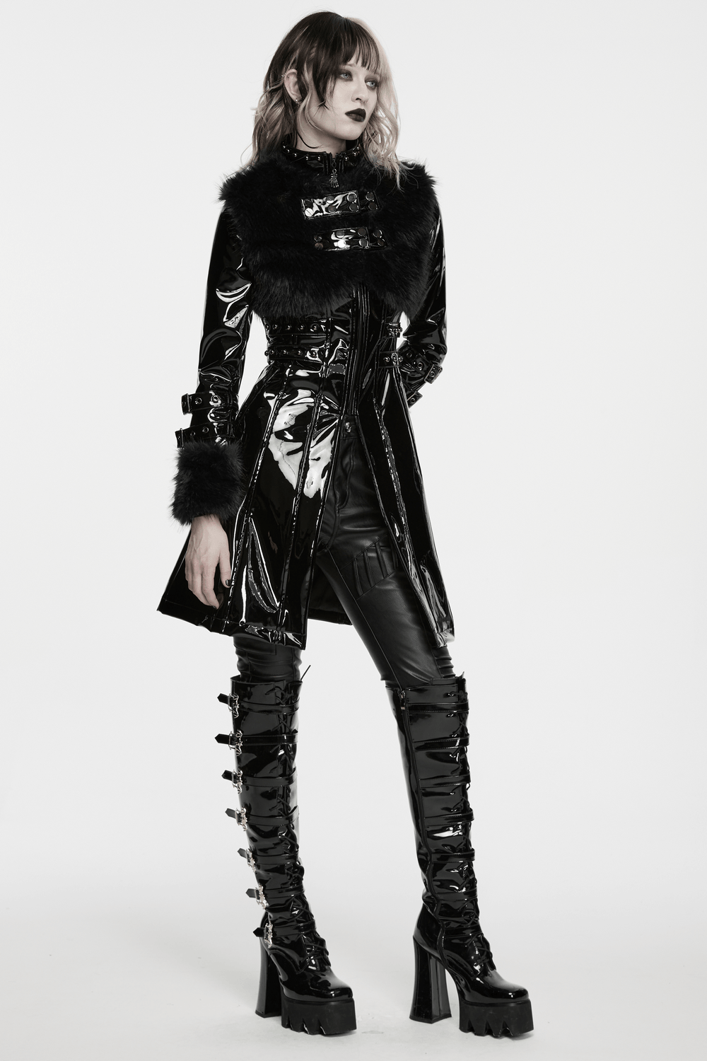 Female Gothic Patent Leather Coat with Faux Fur Trim