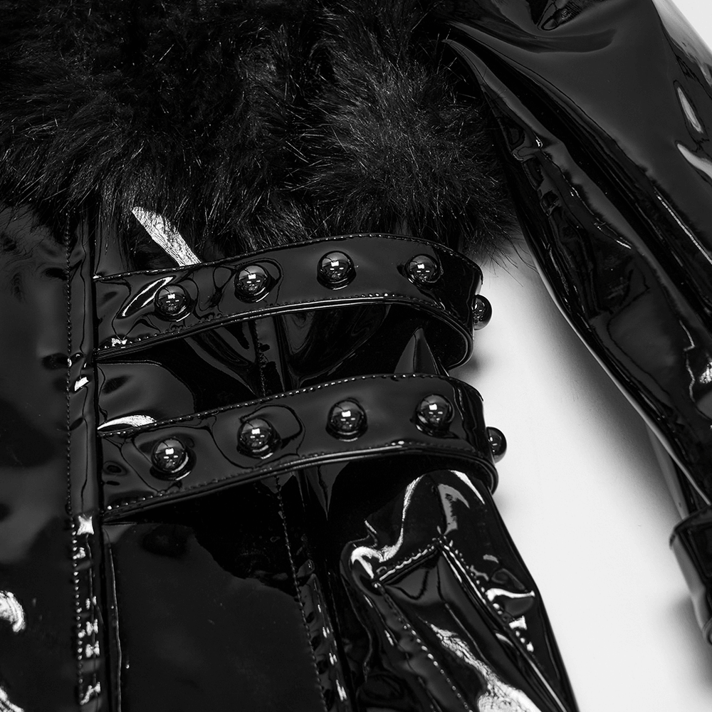 Female Gothic Patent Leather Coat with Faux Fur Trim