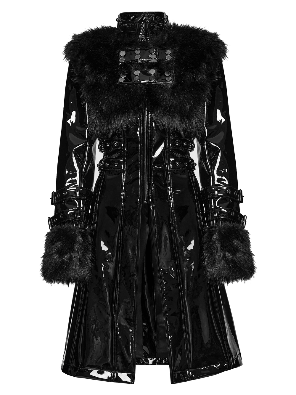 Female Gothic Patent Leather Coat with Faux Fur Trim