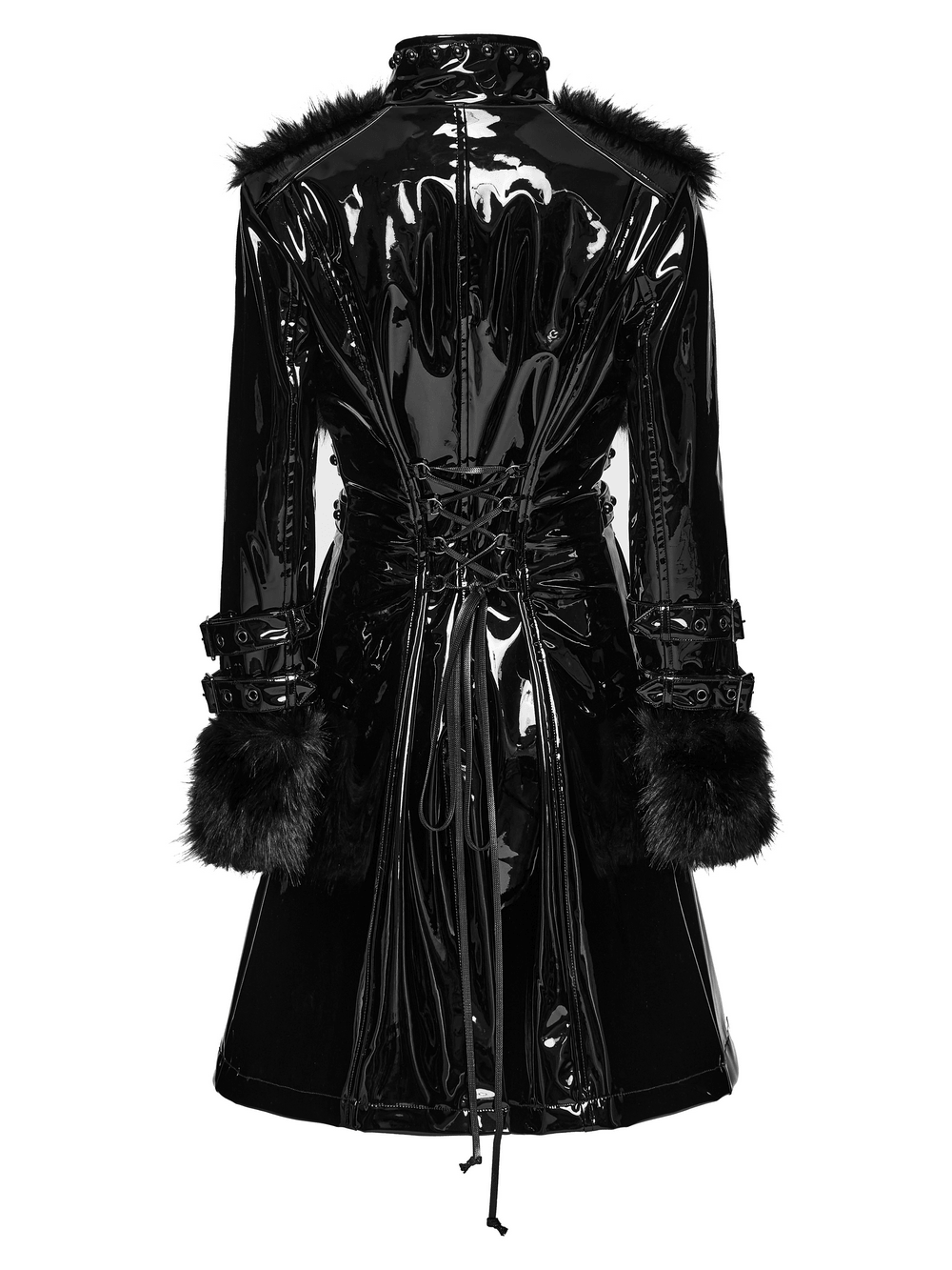 Female Gothic Patent Leather Coat with Faux Fur Trim