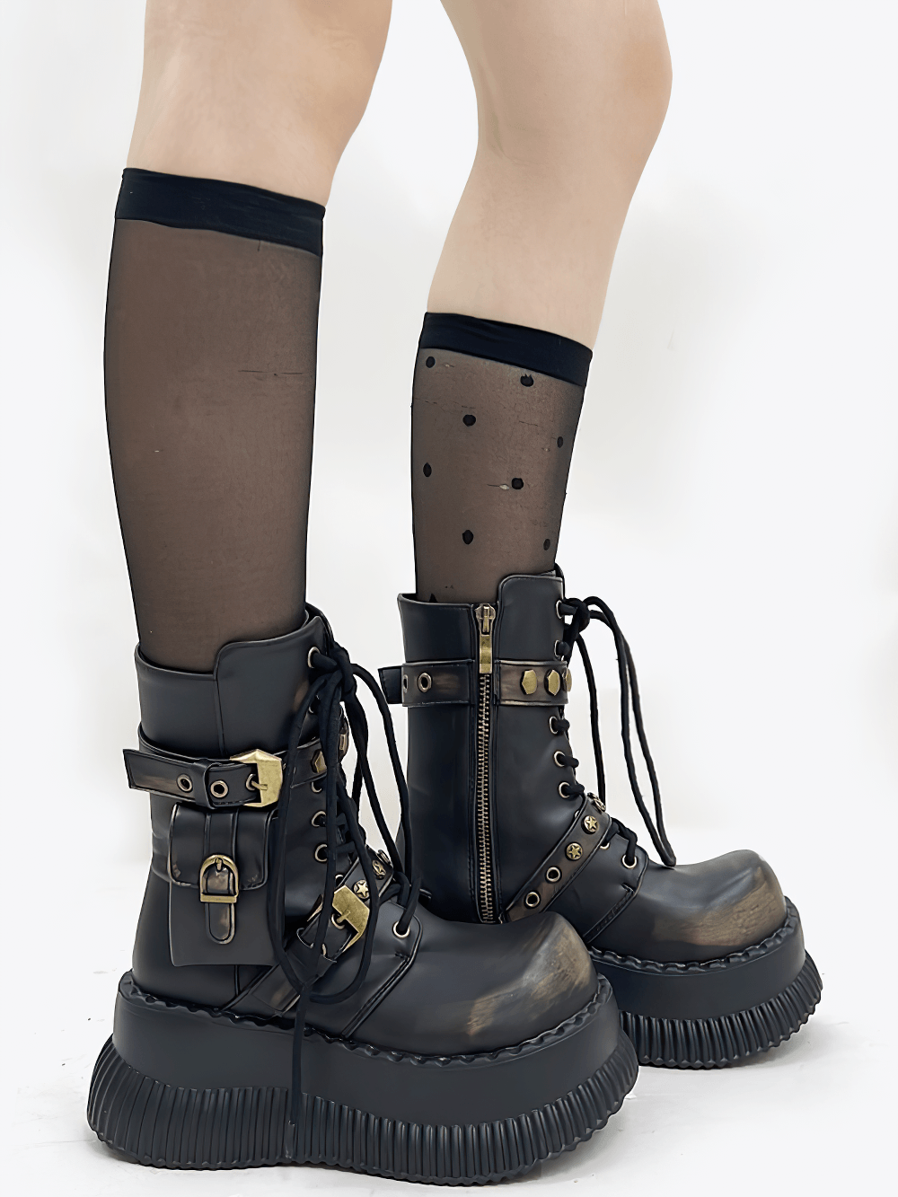 Female Gothic Platform Combat Boots With Buckle Straps