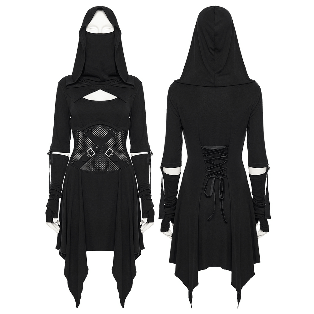 Female Hooded Black Dress with Mesh Waist and Straps