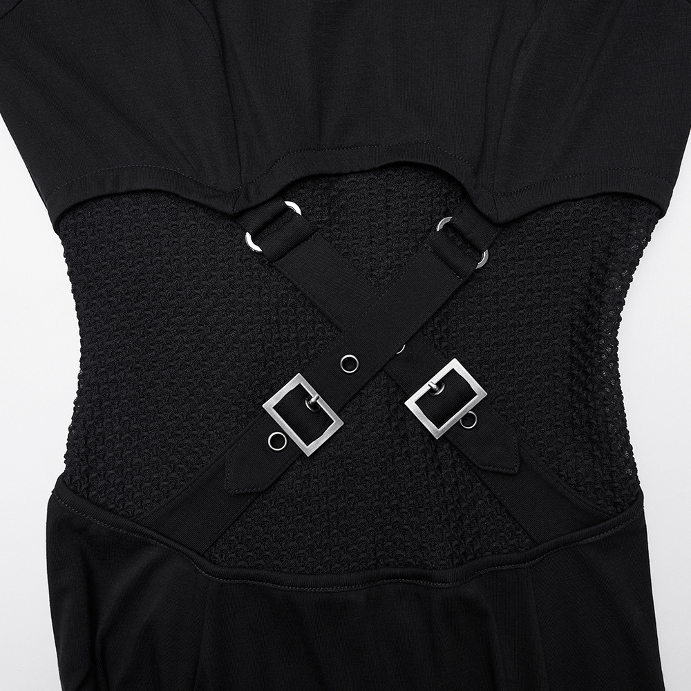 Female Hooded Black Dress with Mesh Waist and Straps