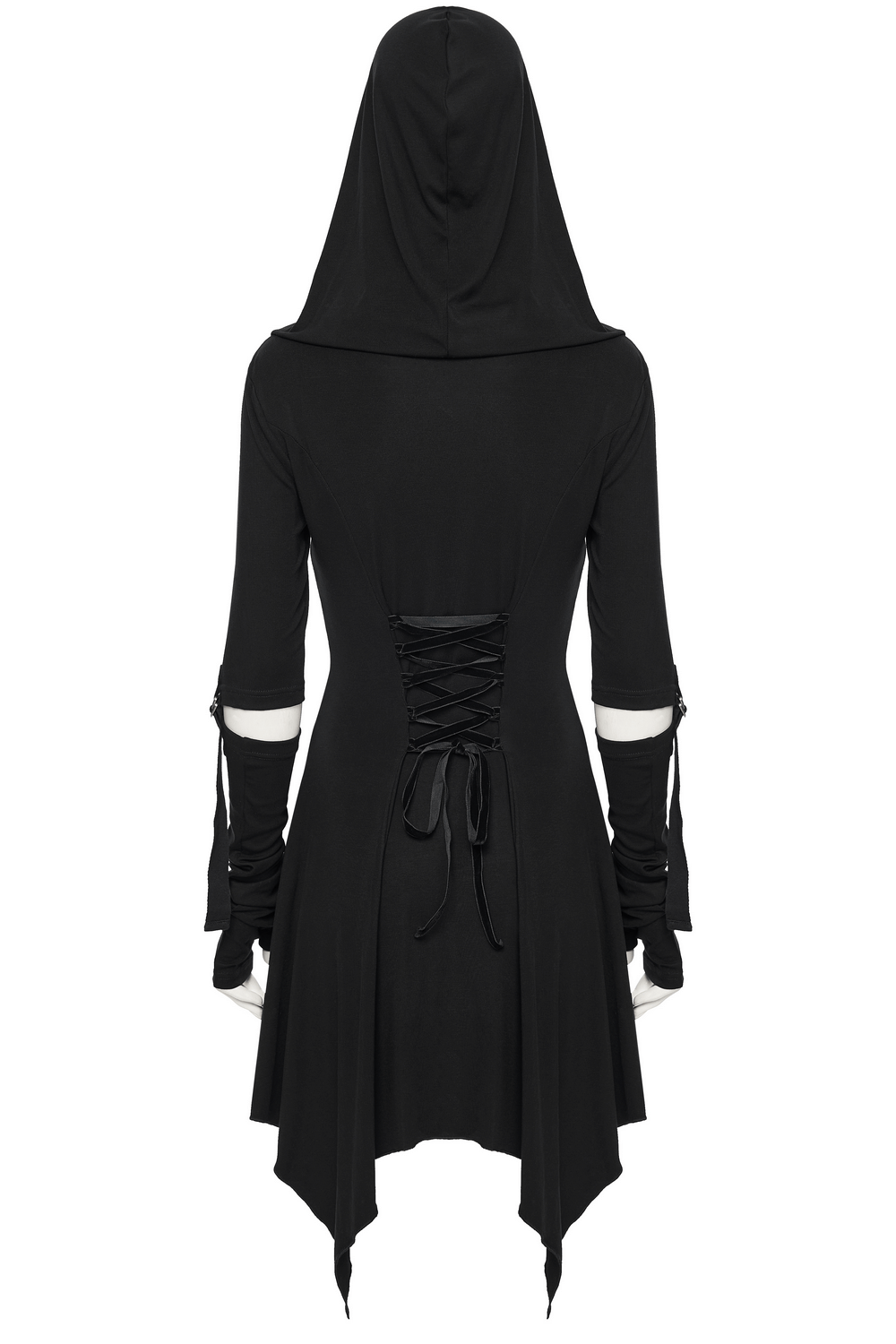 Female Hooded Black Dress with Mesh Waist and Straps