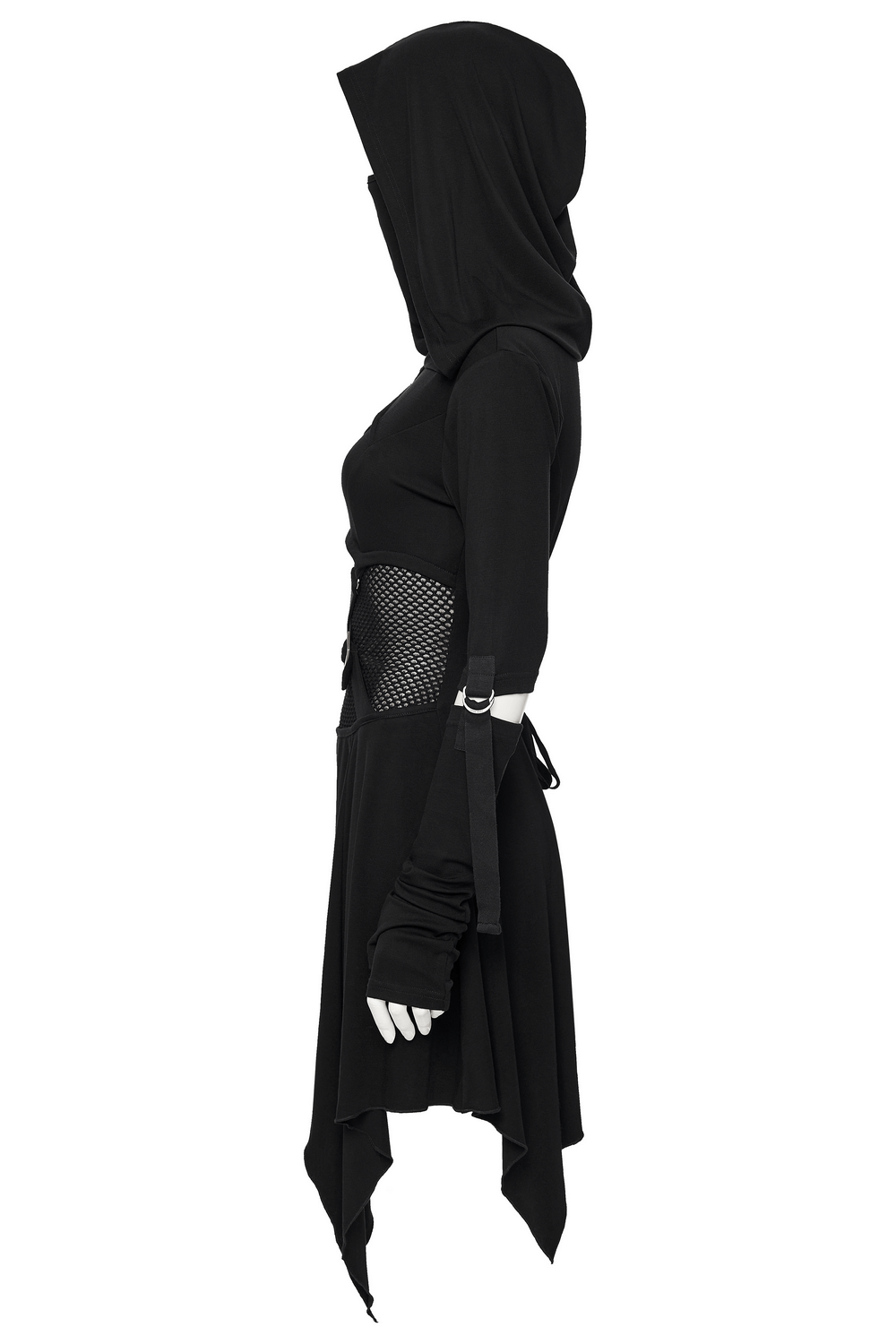 Female Hooded Black Dress with Mesh Waist and Straps