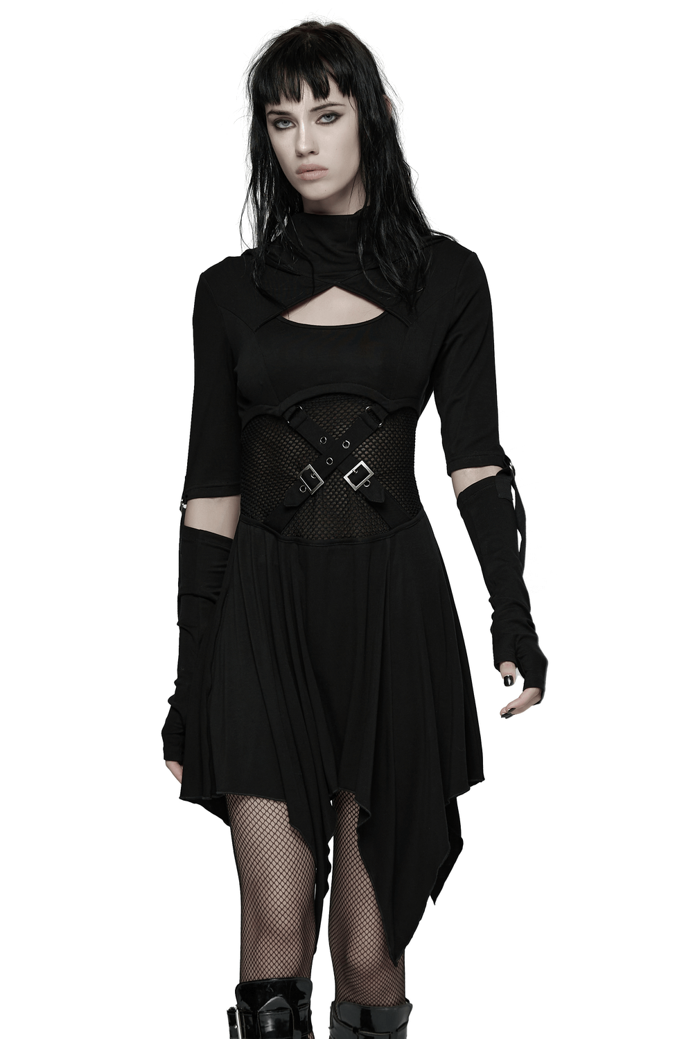 Female Hooded Black Dress with Mesh Waist and Straps