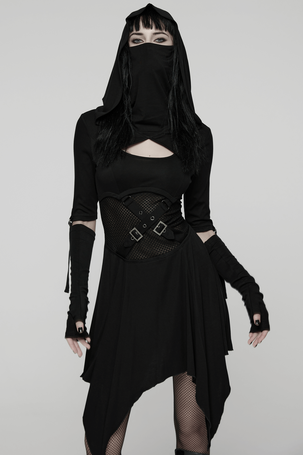 Female Hooded Black Dress with Mesh Waist and Straps