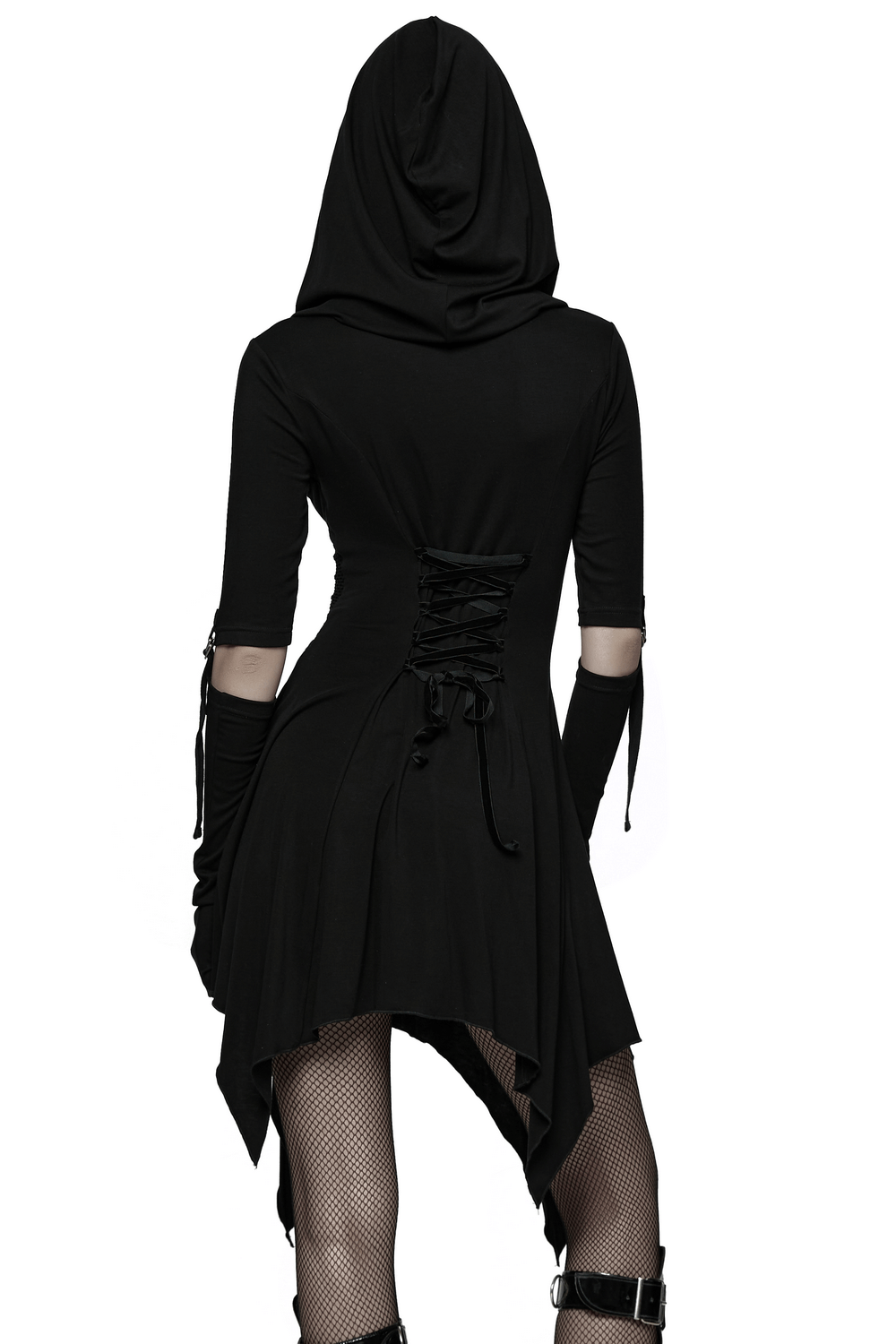 Female Hooded Black Dress with Mesh Waist and Straps