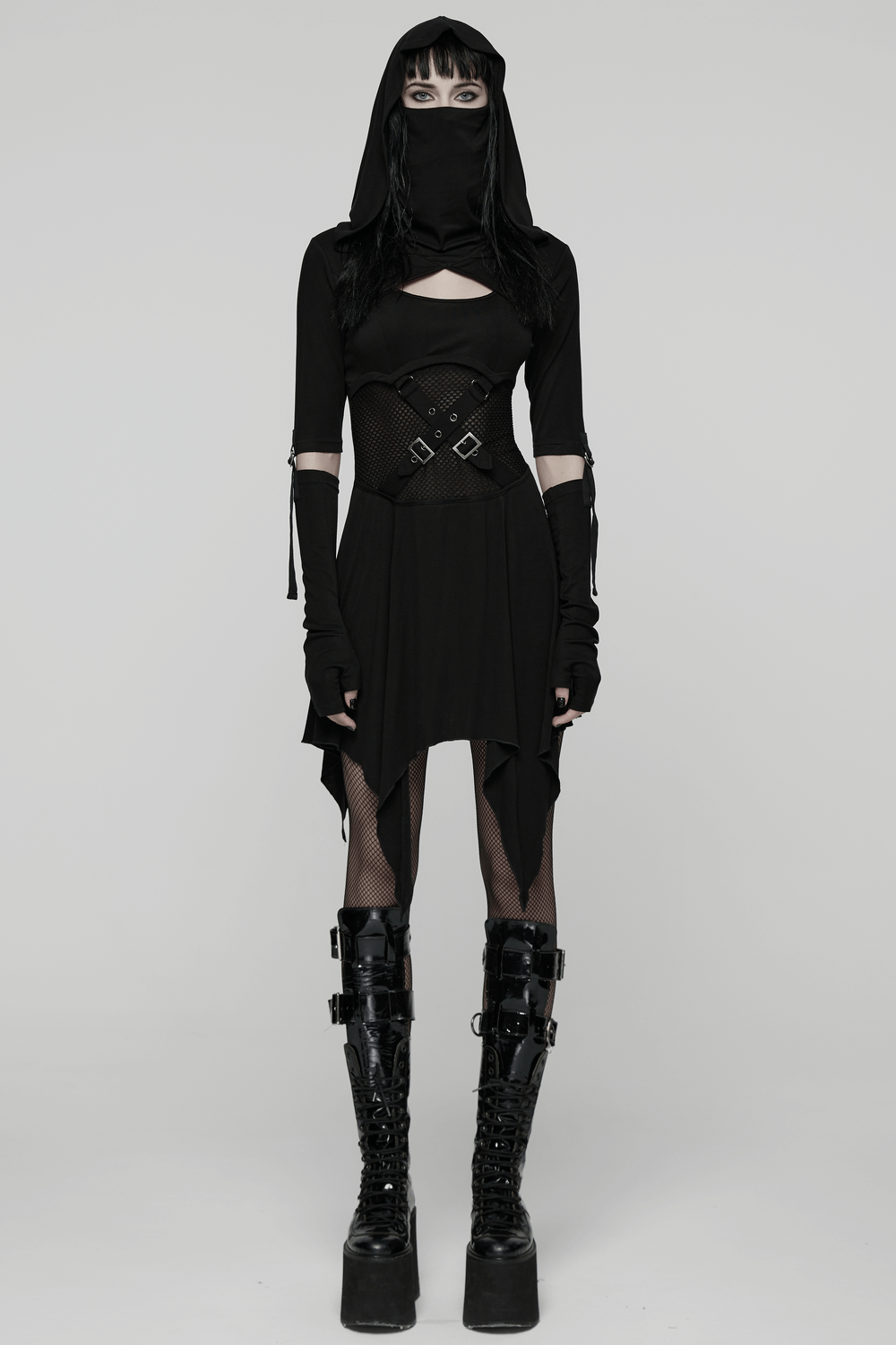 Female Hooded Black Dress with Mesh Waist and Straps