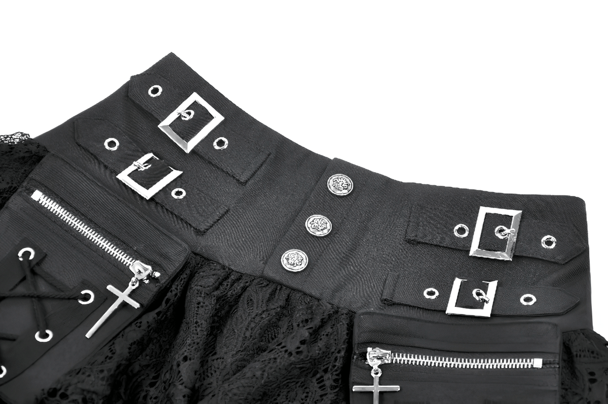 Female Lace Mini Skirt with Buckled Waist and Cross Zips