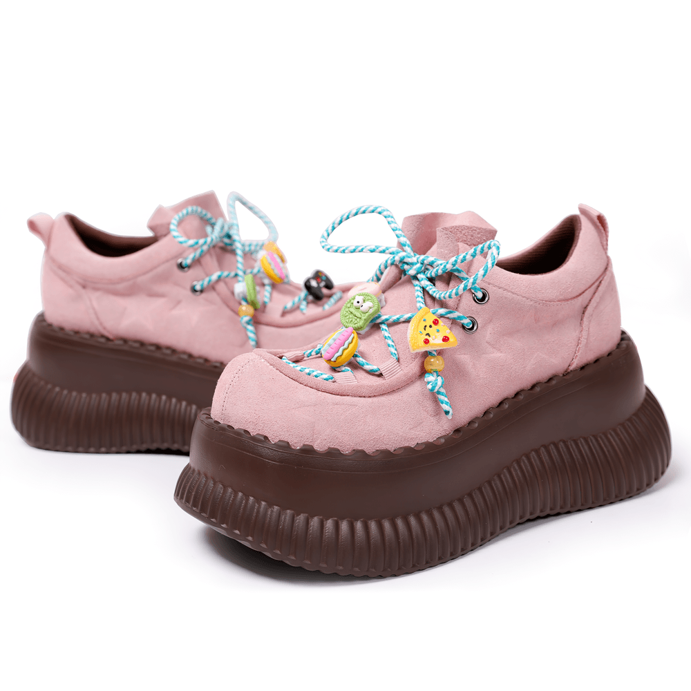 Female Pastel Pink Platform Sneakers With Charm Laces