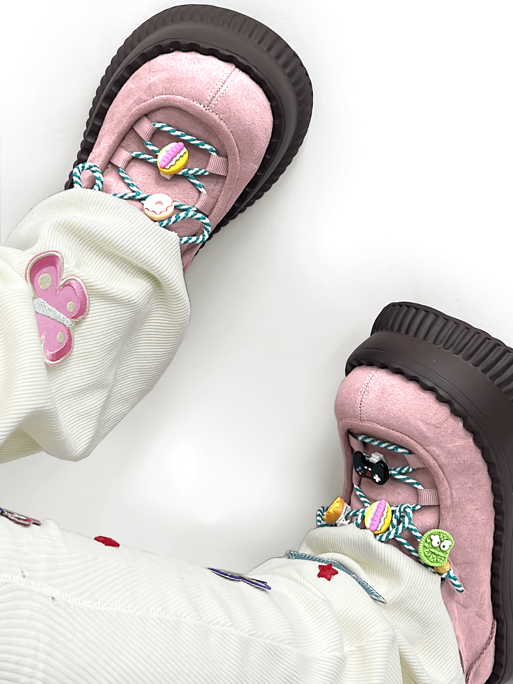 Female Pastel Pink Platform Sneakers With Charm Laces