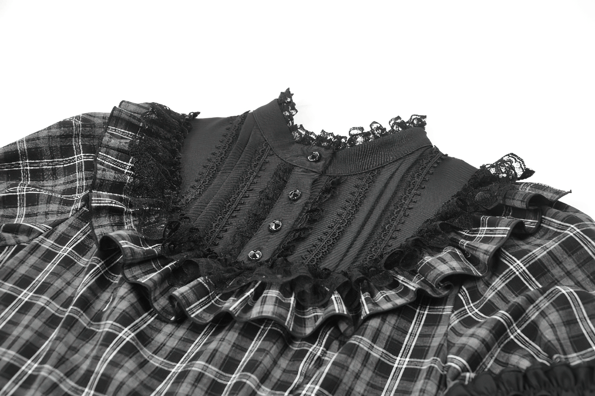 Female Plaid Lolita Dress with Lace Ruffle Trim and Bow