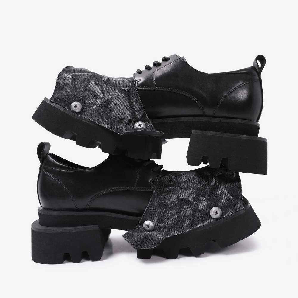 Female Punk Open Toe Shoes with Denim Flap and Lug Soles