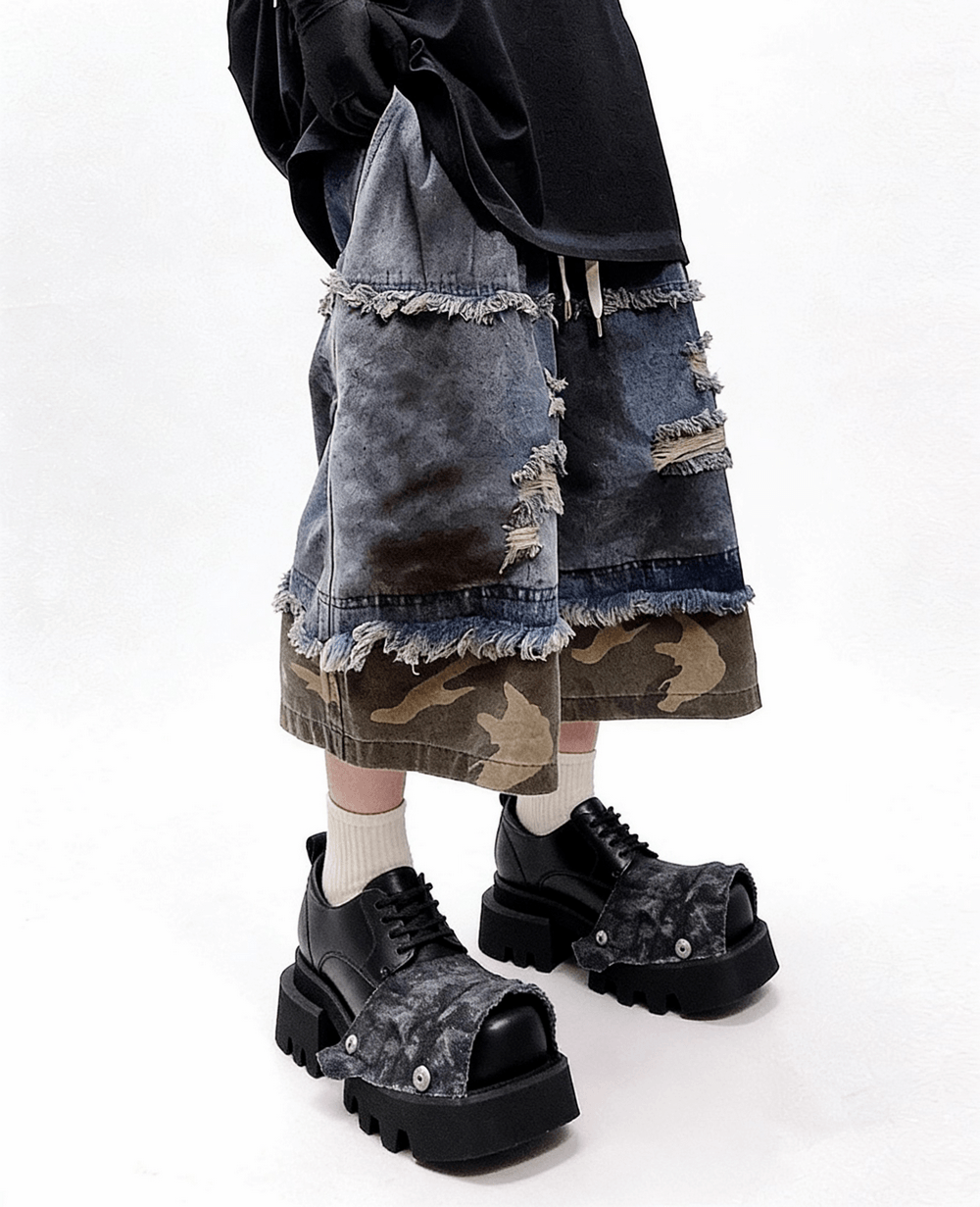 Female Punk Open Toe Shoes with Denim Flap and Lug Soles