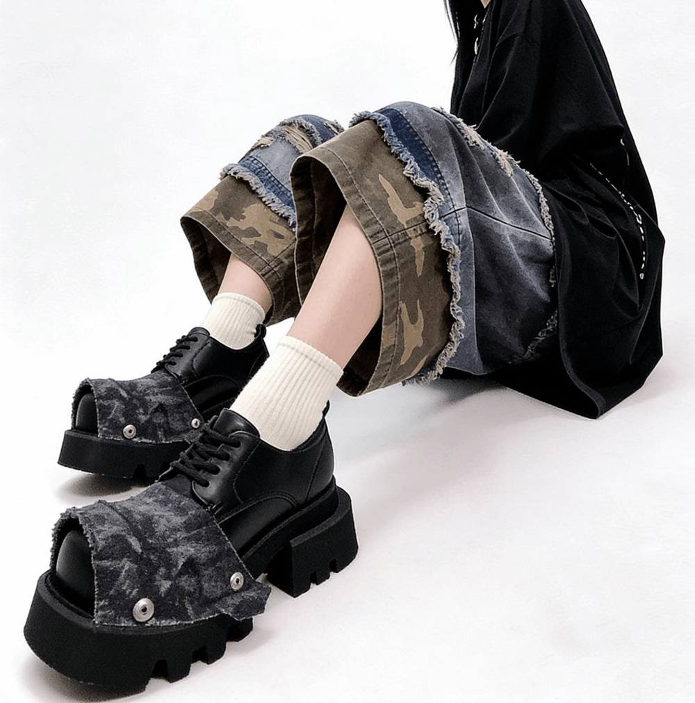 Female Punk Open Toe Shoes with Denim Flap and Lug Soles