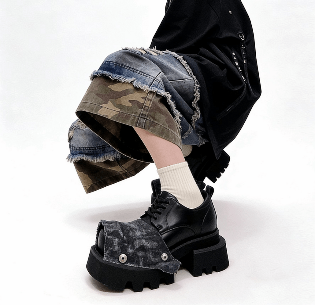 Female Punk Open Toe Shoes with Denim Flap and Lug Soles