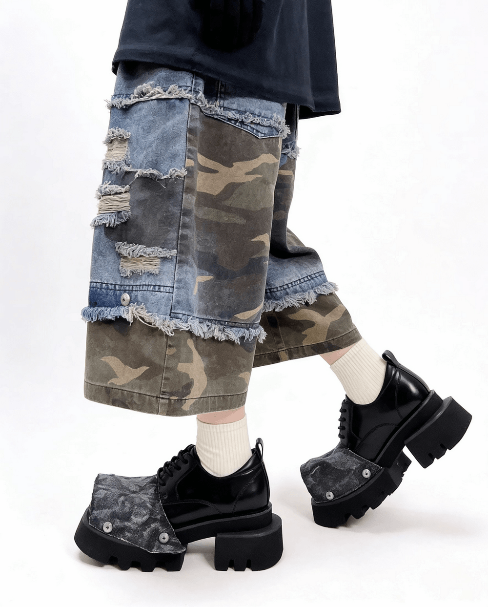 Female Punk Open Toe Shoes with Denim Flap and Lug Soles