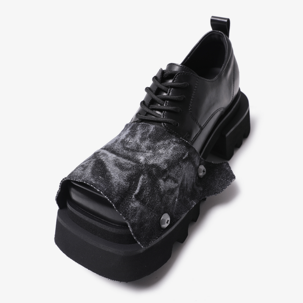 Female Punk Open Toe Shoes with Denim Flap and Lug Soles