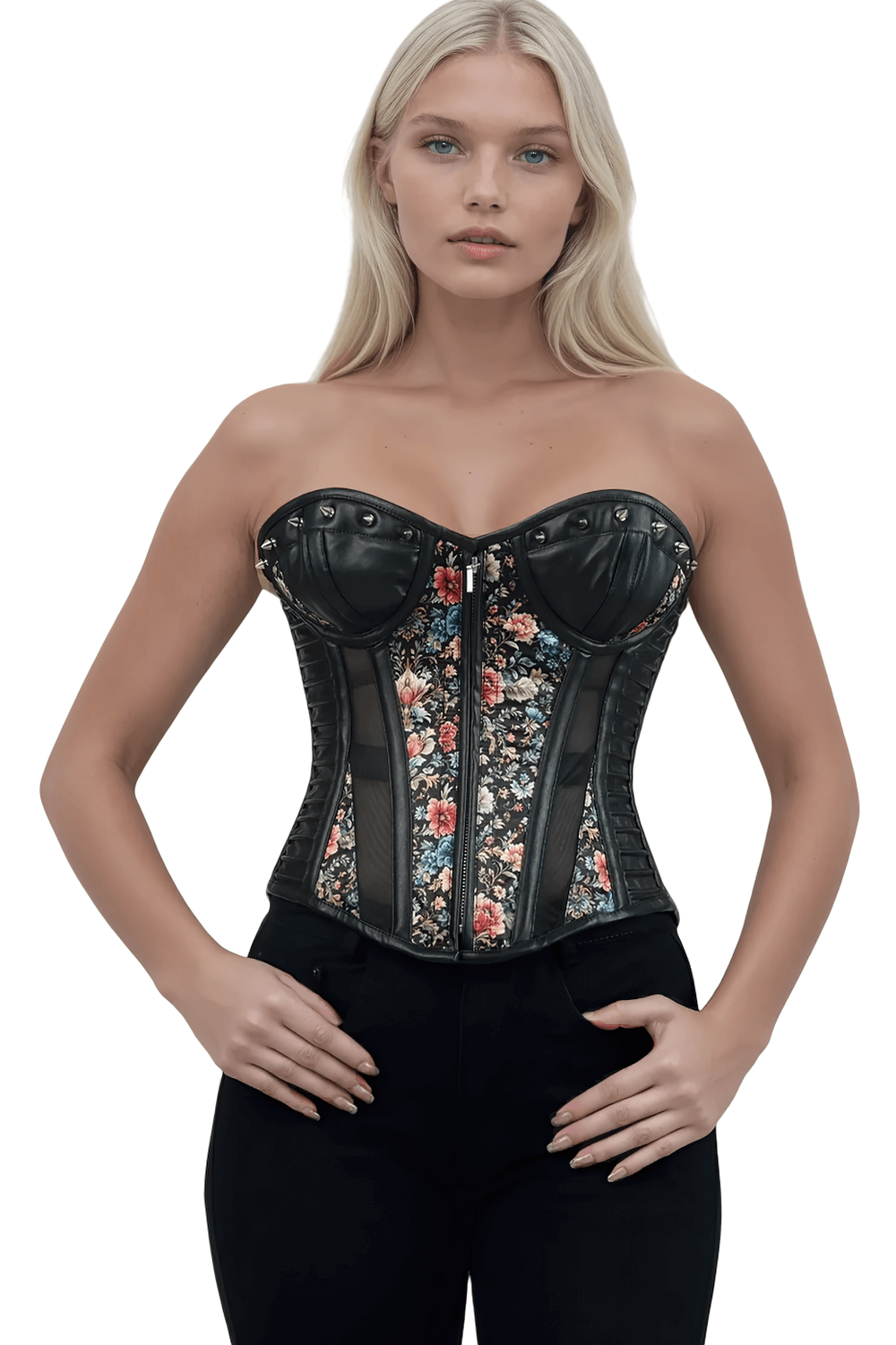 Floral Overbust Corset with Faux Leather and Mesh Panels