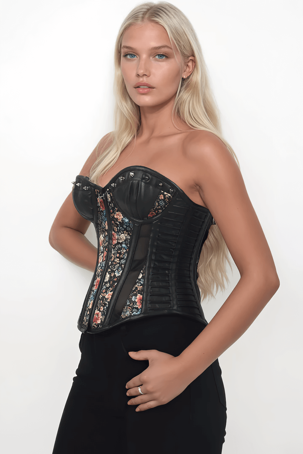 Floral Overbust Corset with Faux Leather and Mesh Panels