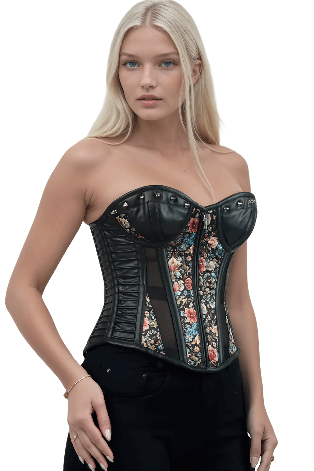 Floral Overbust Corset with Faux Leather and Mesh Panels