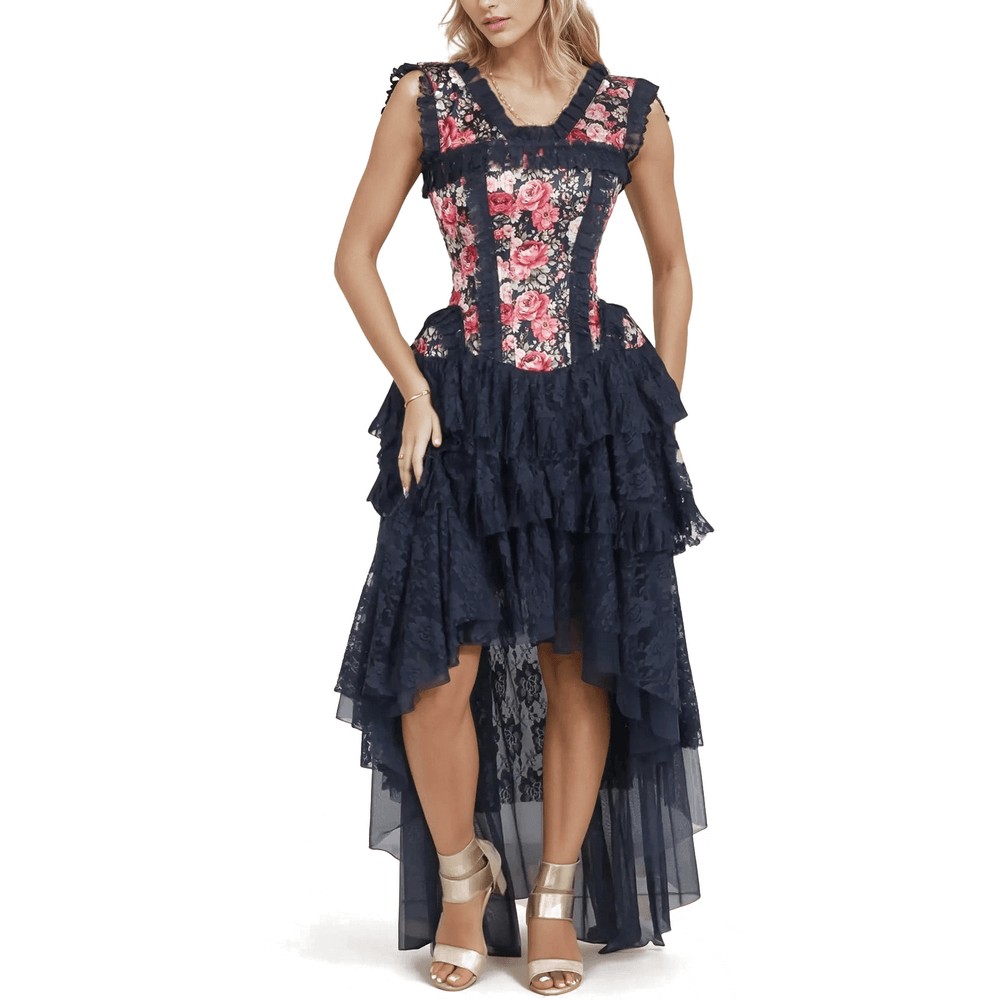 Floral Satin Corset Dress with Lace Skirt and Boning