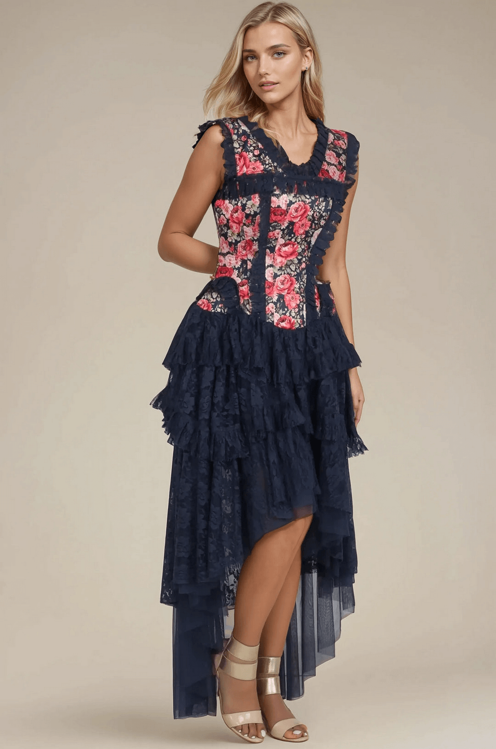 Floral Satin Corset Dress with Lace Skirt and Boning