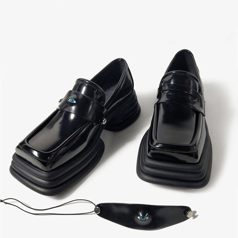 Glossy Gothic Square Toe Platform Loafers with Eye Charm
