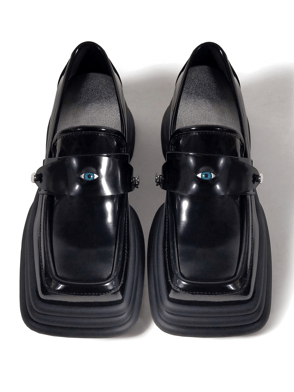 Glossy Gothic Square Toe Platform Loafers with Eye Charm