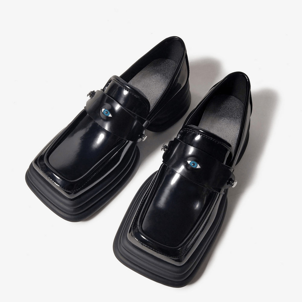 Glossy Gothic Square Toe Platform Loafers with Eye Charm