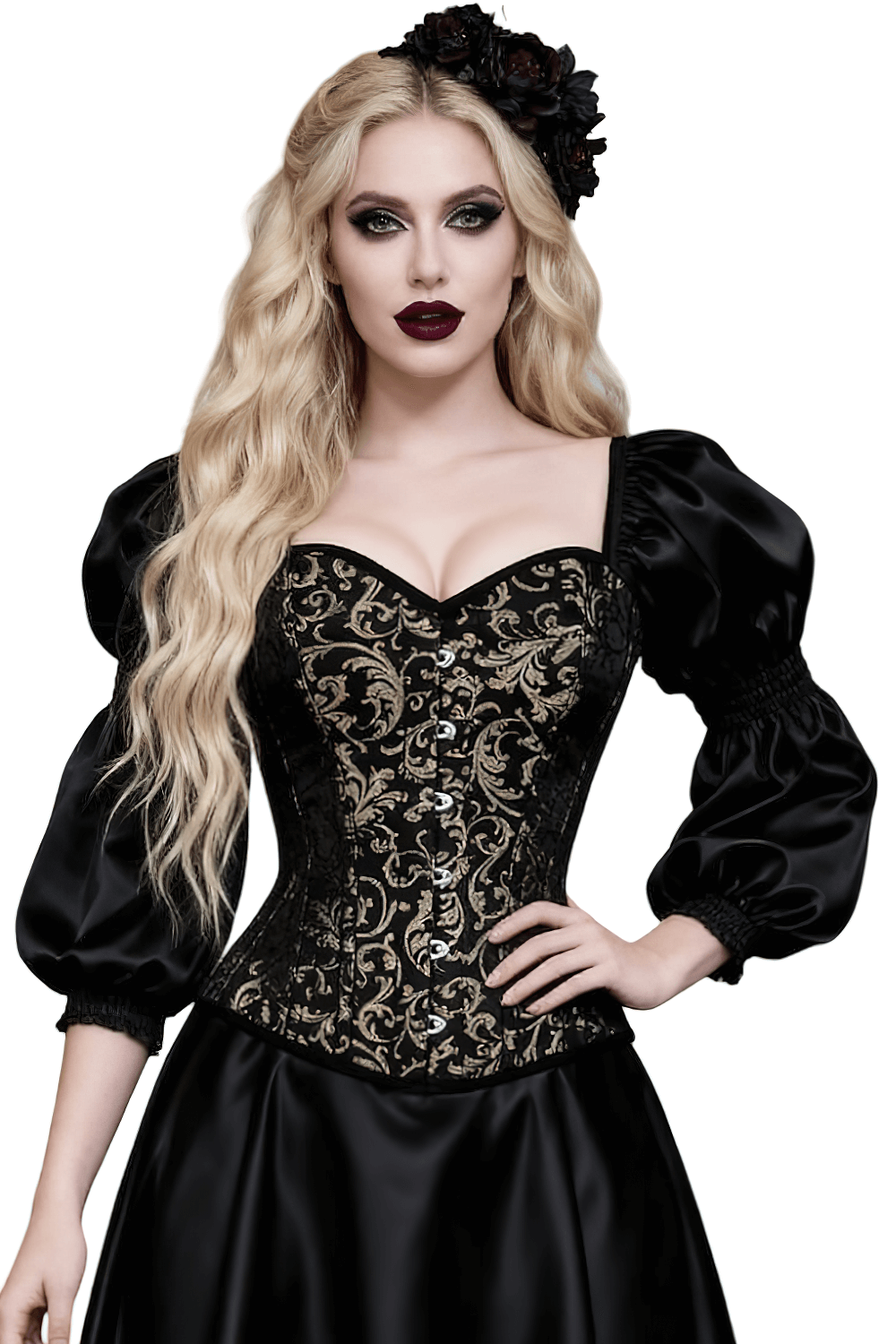Gold Steampunk Overbust Corset With Puffed Sleeves