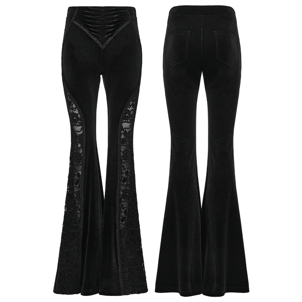 Goth Black Velvet Flared Pants with Lace Inserts