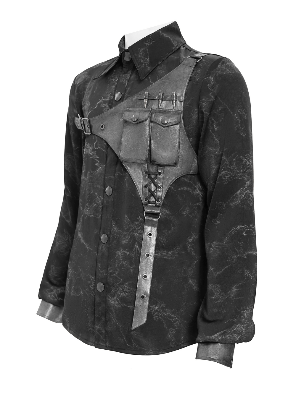 Goth Button-Up Shirt with PU Harness and Belt Detail