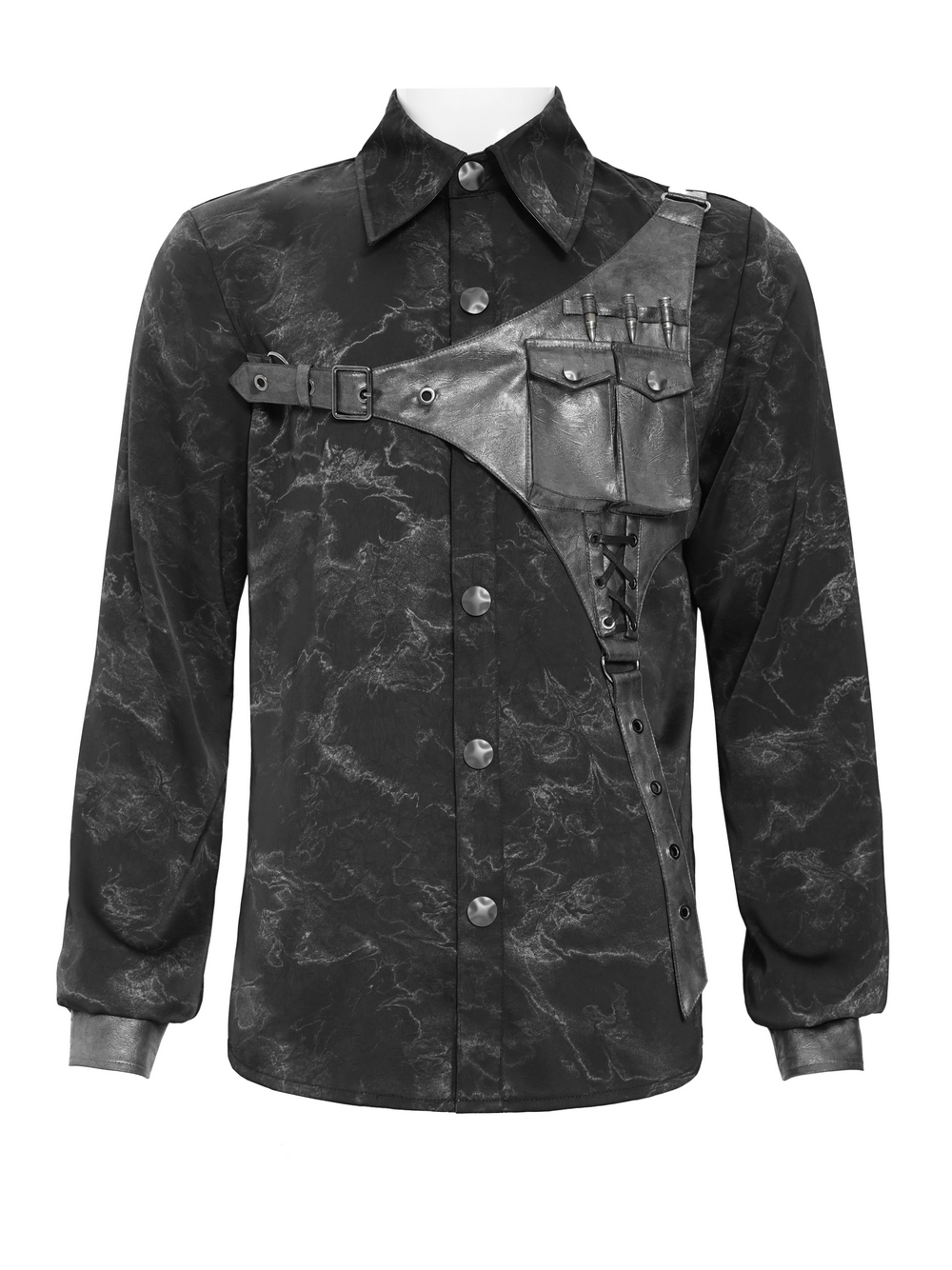 Goth Button-Up Shirt with PU Harness and Belt Detail