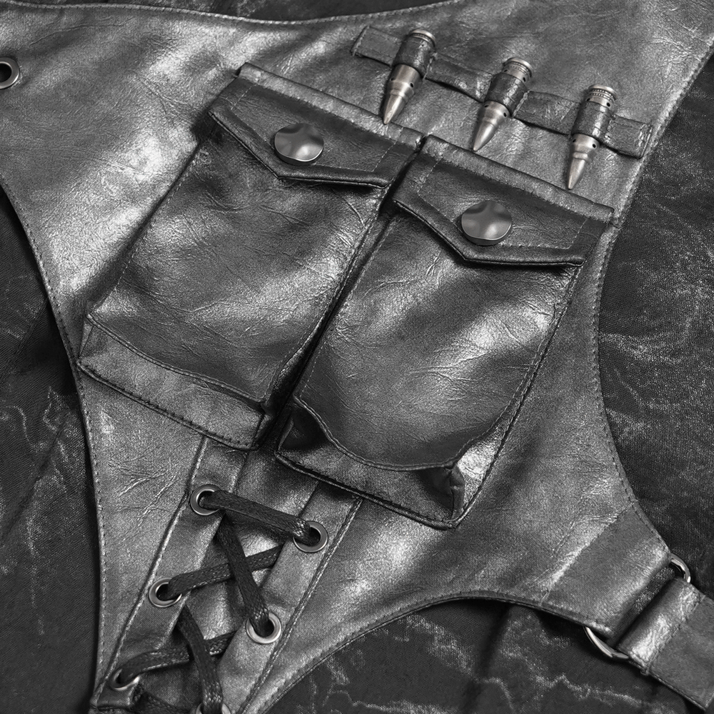 Goth Button-Up Shirt with PU Harness and Belt Detail